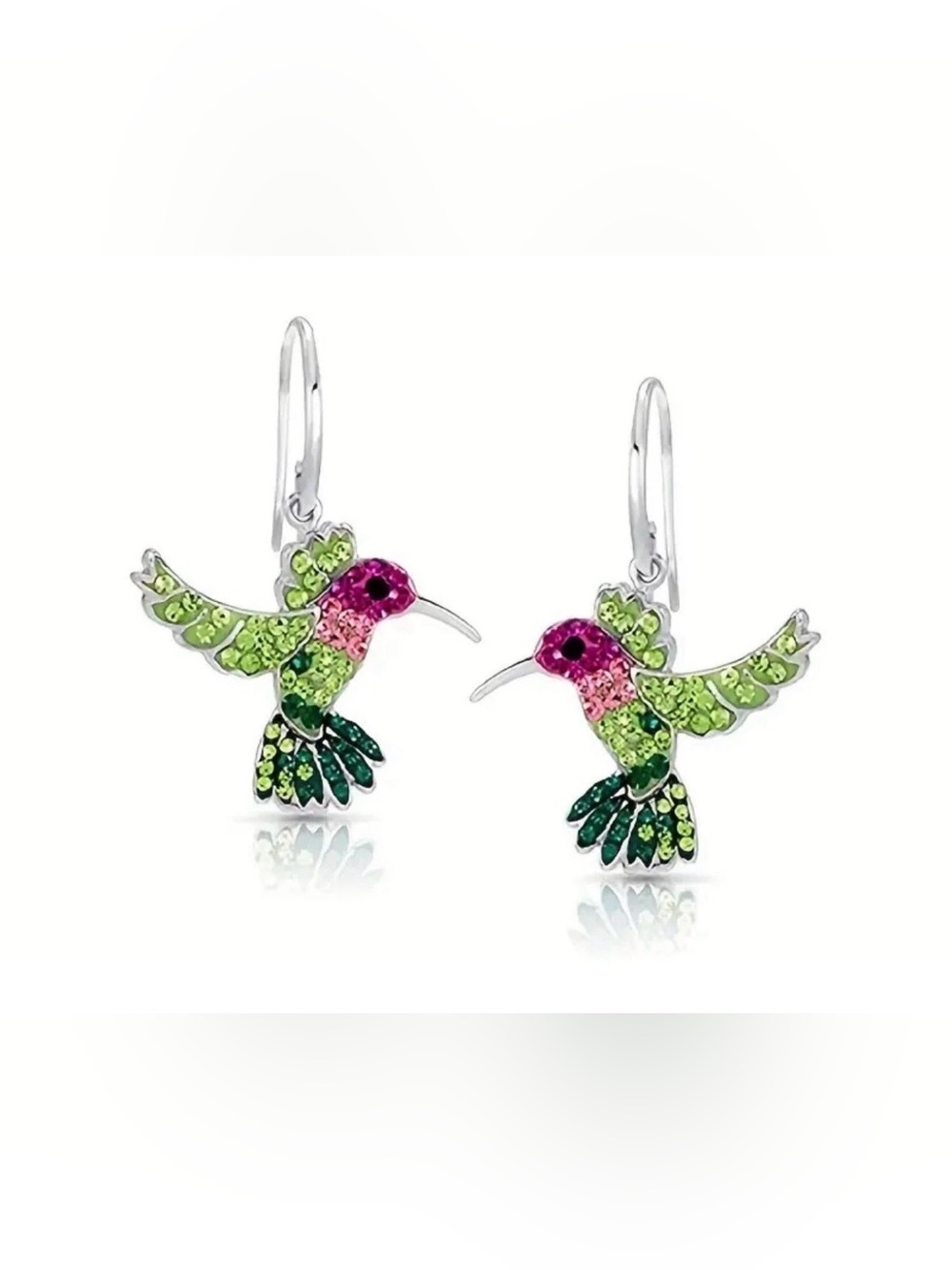 Hummingbird Crystal Dangle Earrings in Pink & Green